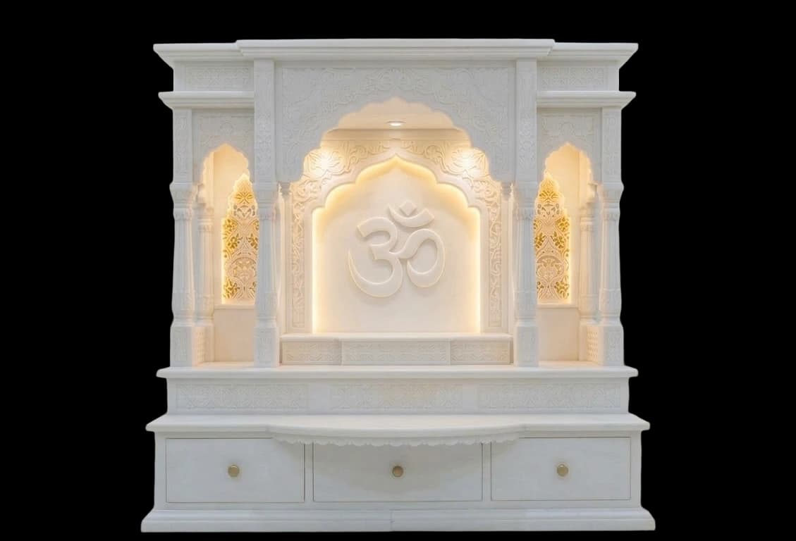 Marble moorti in a beautiful home pooja room